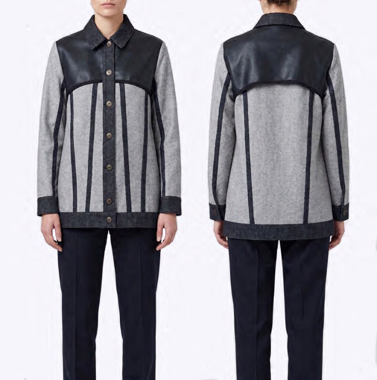 Front and back view of The Signature Denim Jacket, long — black faux leather yoke over indigo denim