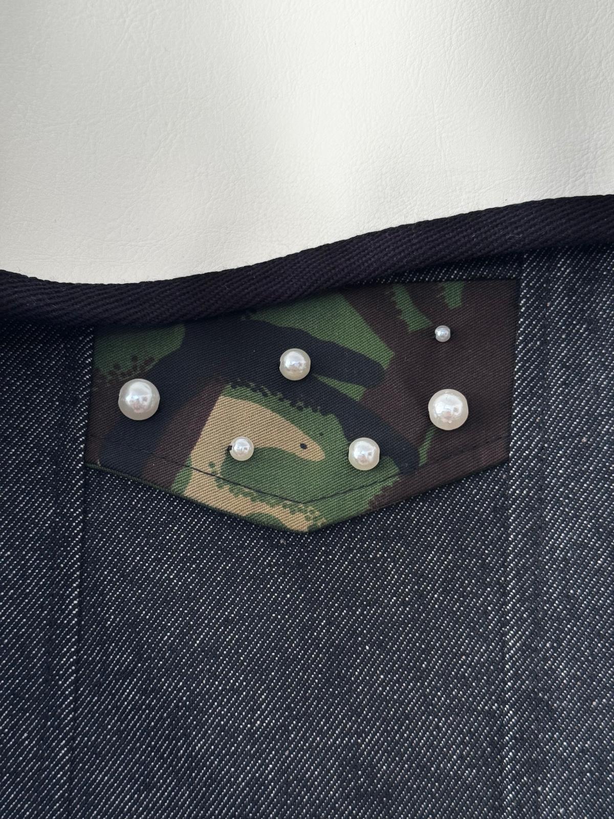 Pearl Armour Jacket — hand-embellished pearls on the camo pocket flap